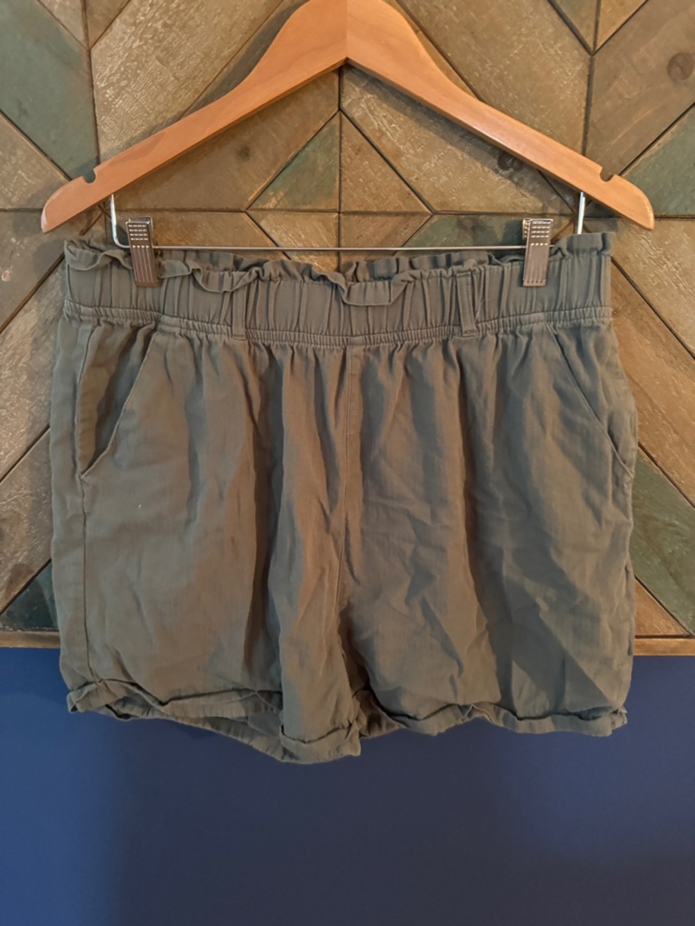 Falls Creek Olive Green High-Waist Ruffle-Waist Shorts